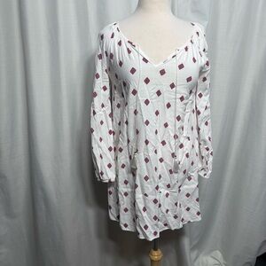 Express Boho Diamond Print Tassel Tie Shift Mini Dress White Red Blue Small